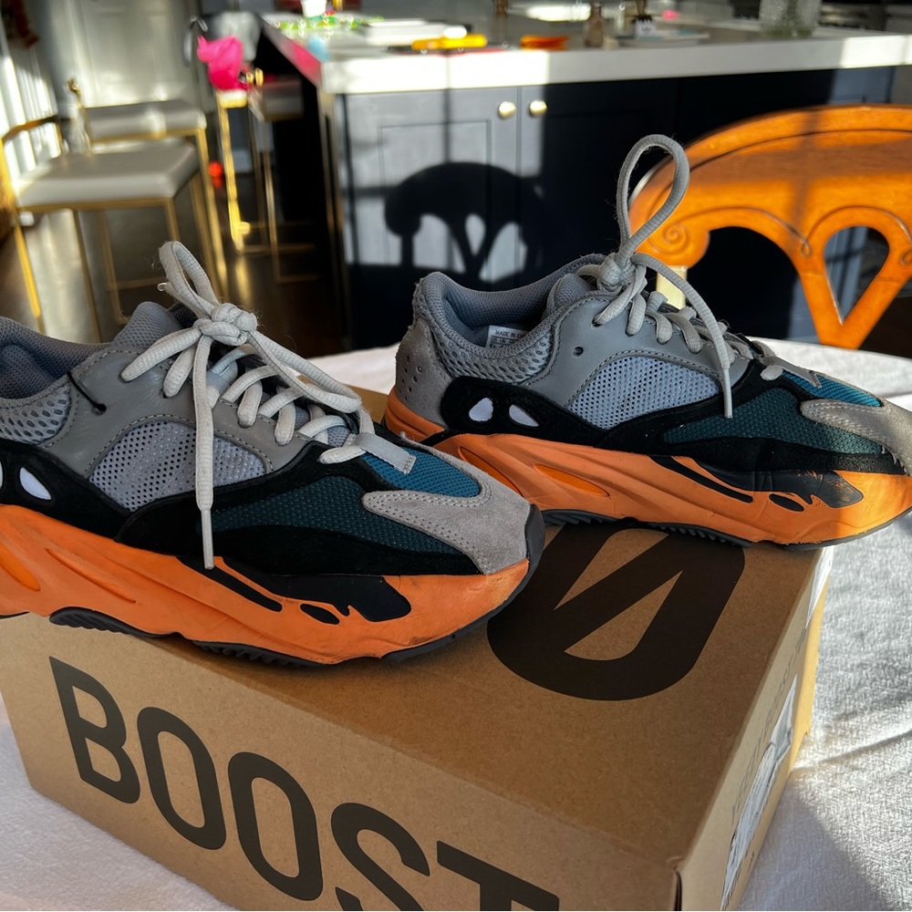 Yeezy Boost 700, kids size 4.5, good condition, gray/black/orange/teal.
